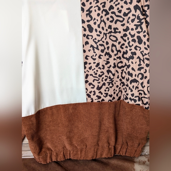 New Colorblock Corduroy Brown With White & Leopard Print Drop Shoulder Shacket - Picture 15 of 15
